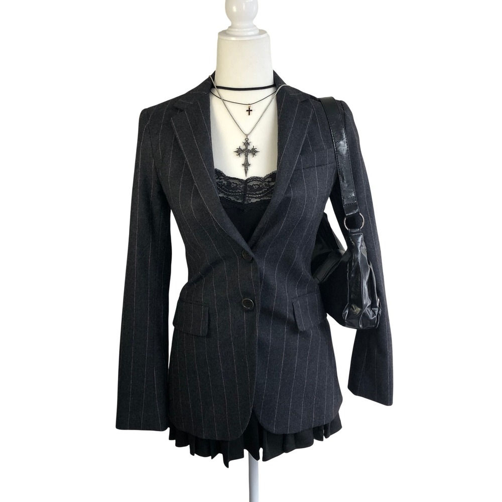 Y2K Vintage Theory Wool Pinstripe Blazer Womens 2 Gray Dark Academia Office